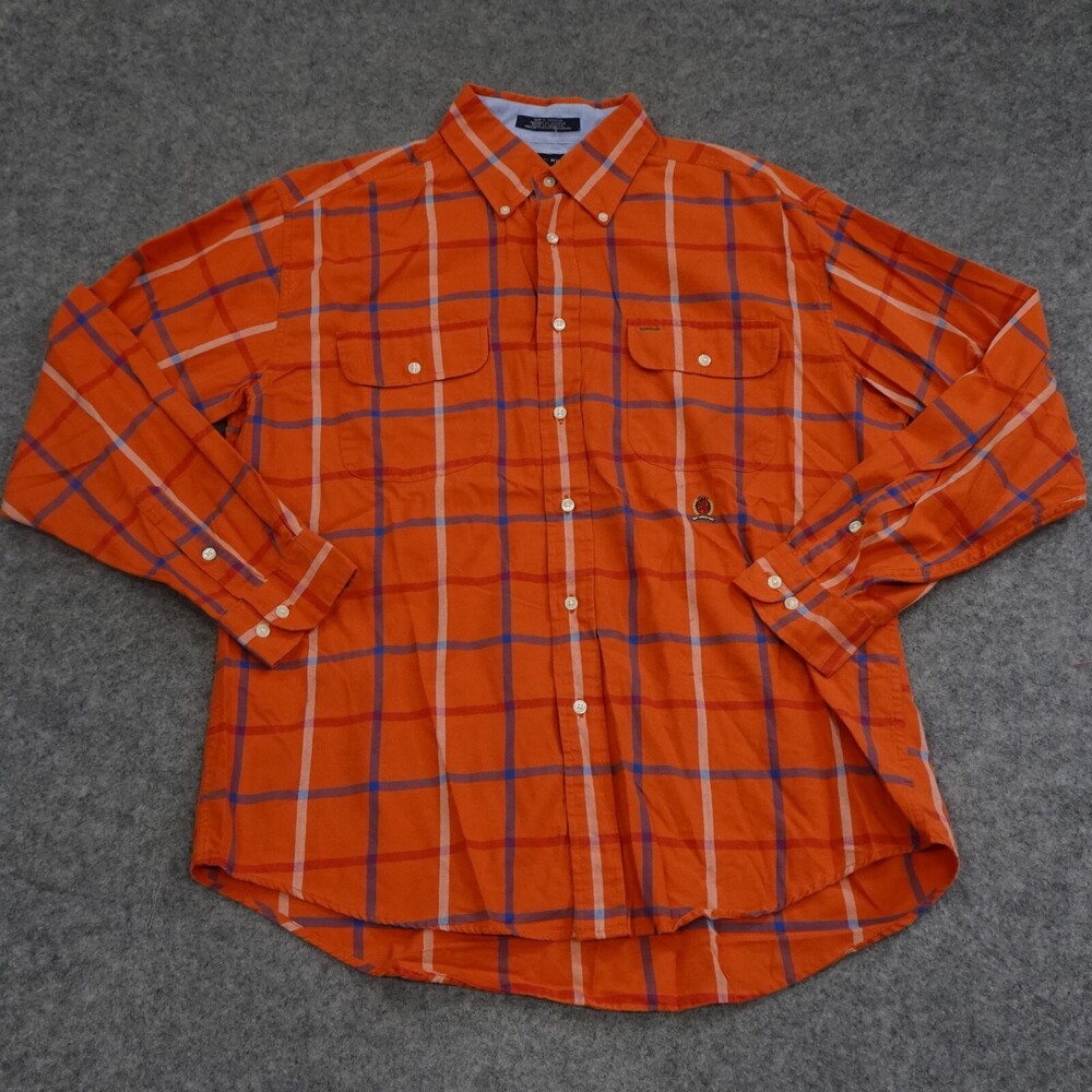 Tommy Hilfiger Shirt Mens Large Orange Button Up Long Sleeve Check Casual Cotton